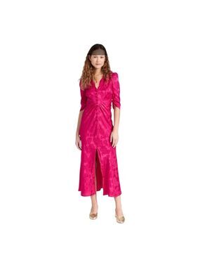 Saloni Pink Silk Jacquard Print Mitsu Midi Dress Size 2